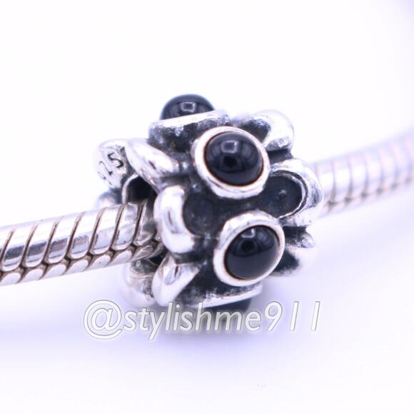Authentic PANDORA Sterling Silver Forget Me Not Onyx Charm - 790470O - Picture 1 of 10